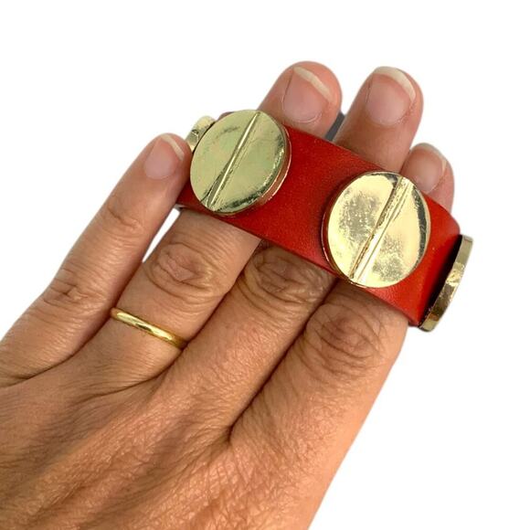 Red Faux Leather Gold Tone Screw Snap On Wide Bracelet - Picture 2 of 3